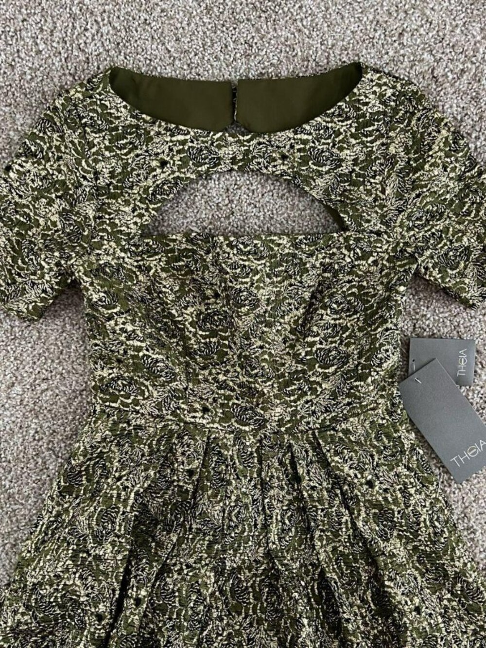 Theia Natasha Tea Length Gown Cutout Jacquard Gold Floral Formal Size 0 - Picture 6 of 9